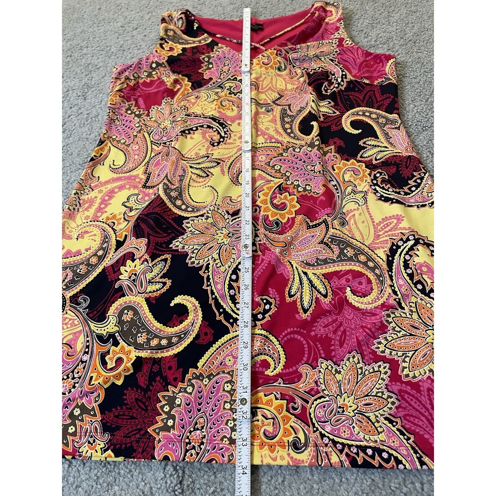 90s R&K Paisley Shift Mini Dress Sz 16P Fuchsia Yellow Crisscross Strap Colorful - Picture 6 of 13